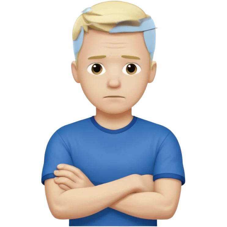 Pale blond man in blue football t shirt crossed arms showing that he is cold emoji