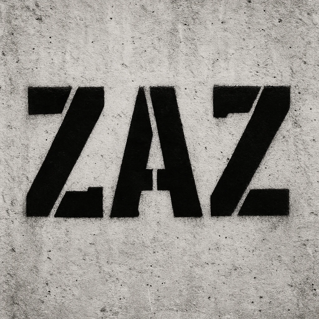 Graffiti text "ZAZ" in stencil graffiti style. Sharp, defined edges with a more urban and political feel. emoji