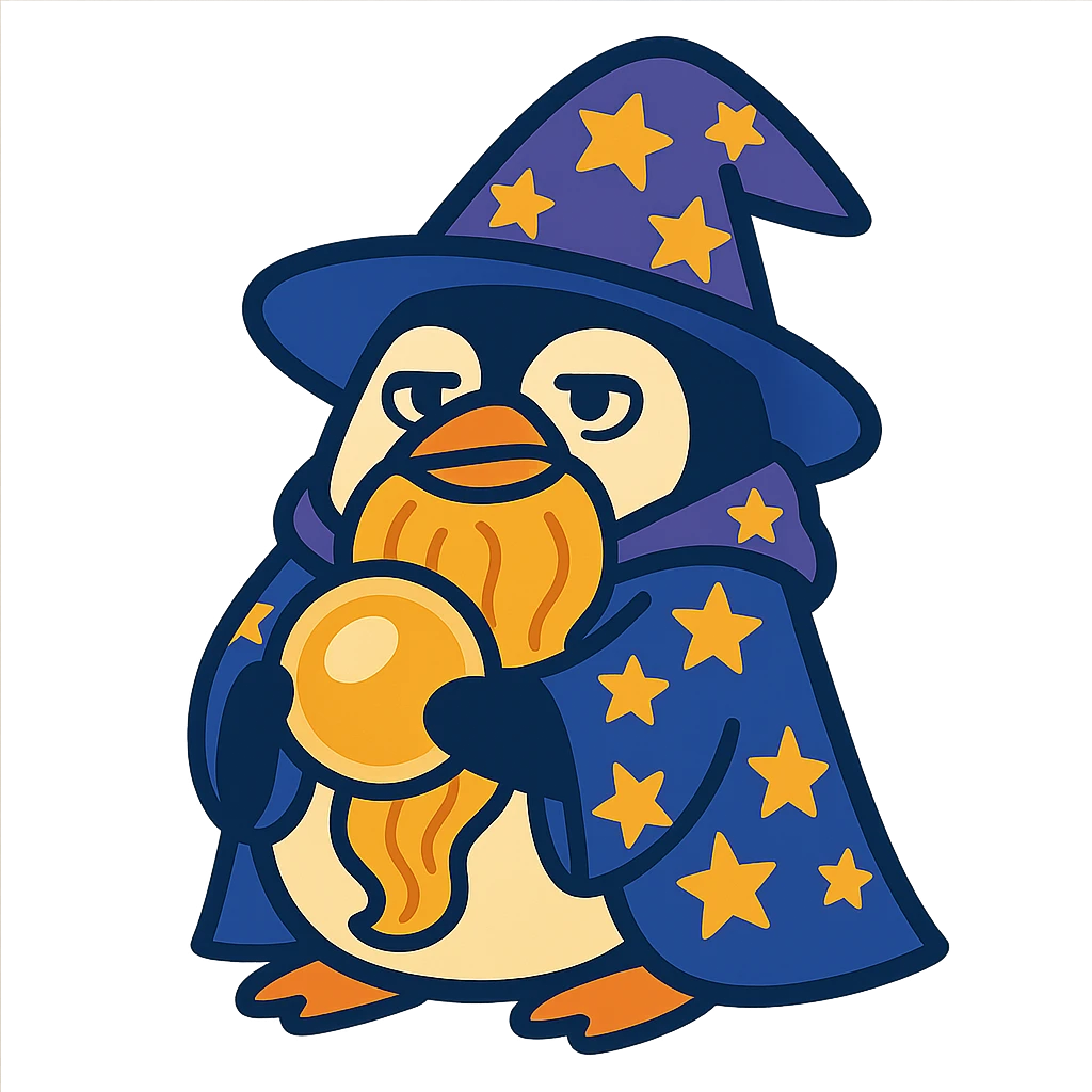 a chubby penguin wizard with a long beard, starry cloak, and a glowing orb, looking wise and mystical emoji