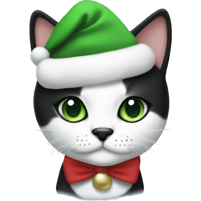 Tuxedo cat with green eyes with black spot under the nose and christmas hat on  emoji