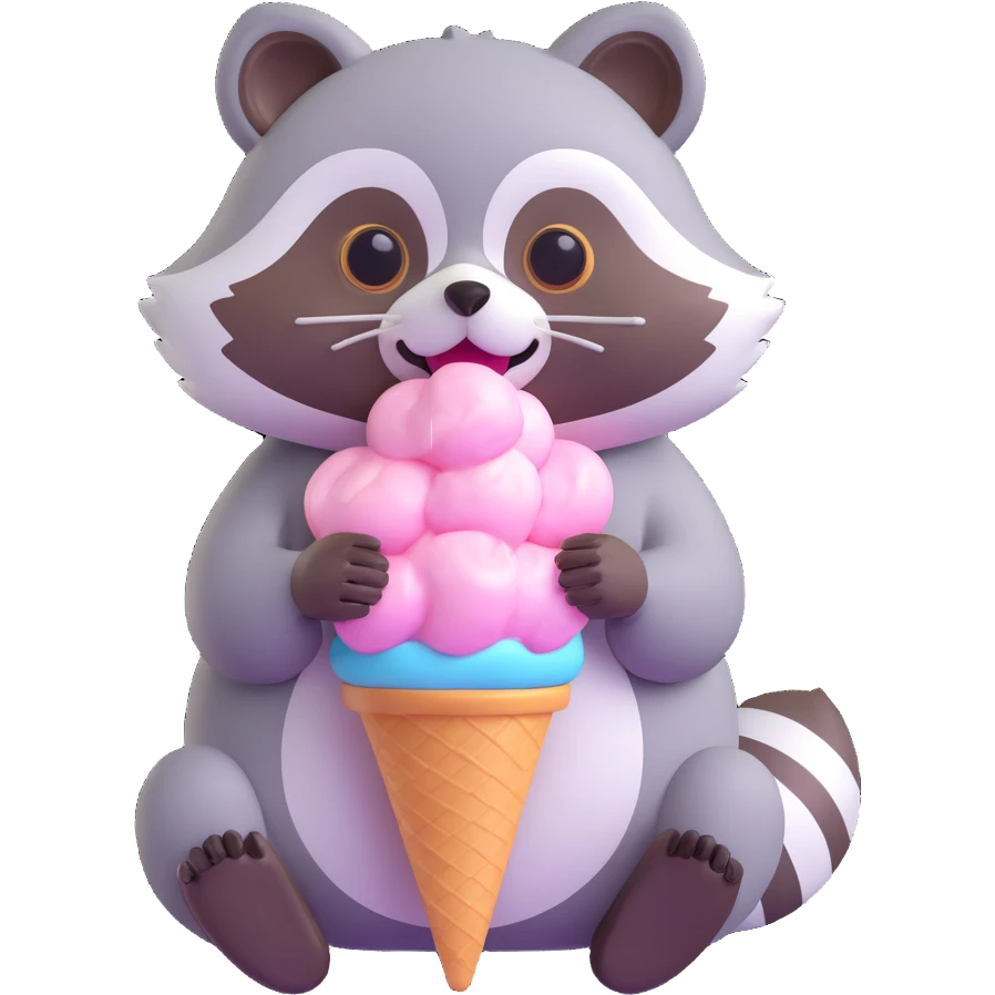 raccoon eating cotton candy, 3D emoji style emoji