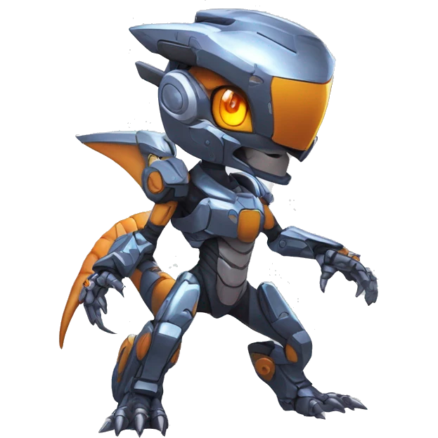 Colorful Edgy Chibi Greymon-Velociraptor-Genesect-Fakémon-Pokémon wearing a with a futuristic visor-helmet And Mecha-suit Full Body emoji