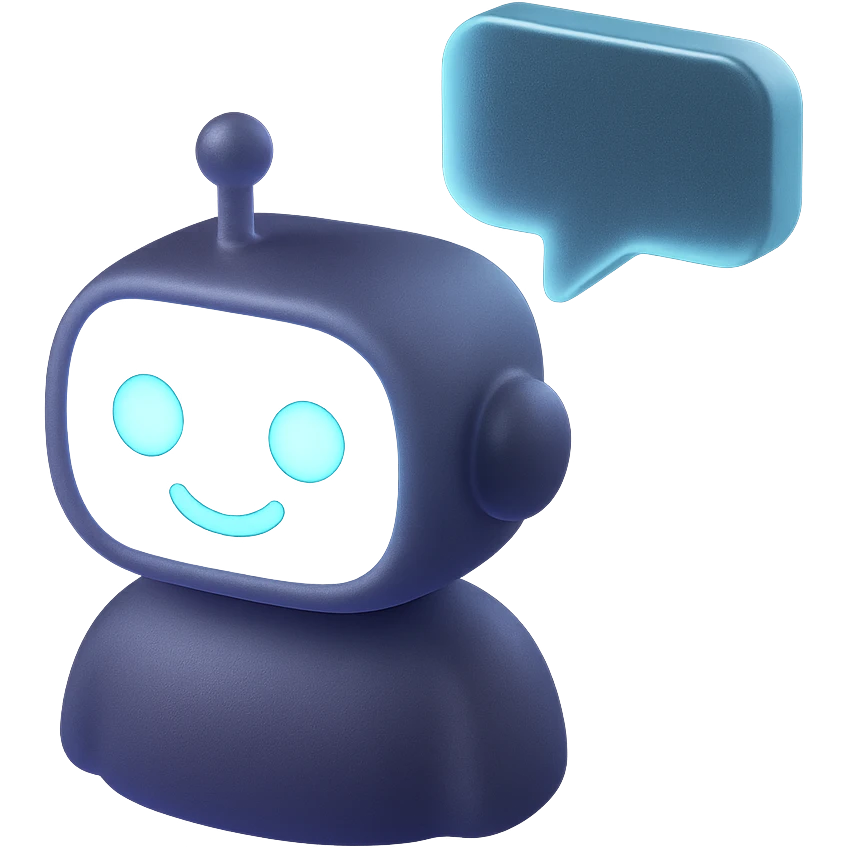 chatbot with speech bubble, matte glass style, dominant color #3B2C85, accents #83fff8, #2C2828 emoji