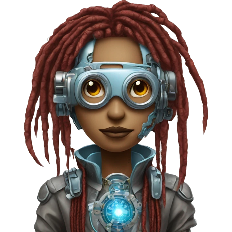 Light blue long dreadlocks female cyborg head with red steampunk goggles and circuits emoji