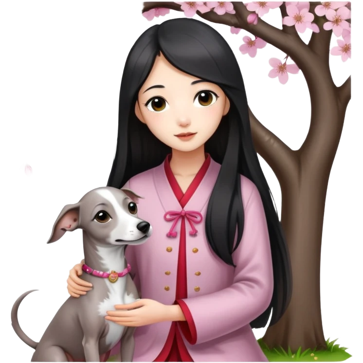 A young Chinese girl with long black hair and a pure grey Italian Greyhound with no white markings sitting under a cherry blossom tree emoji