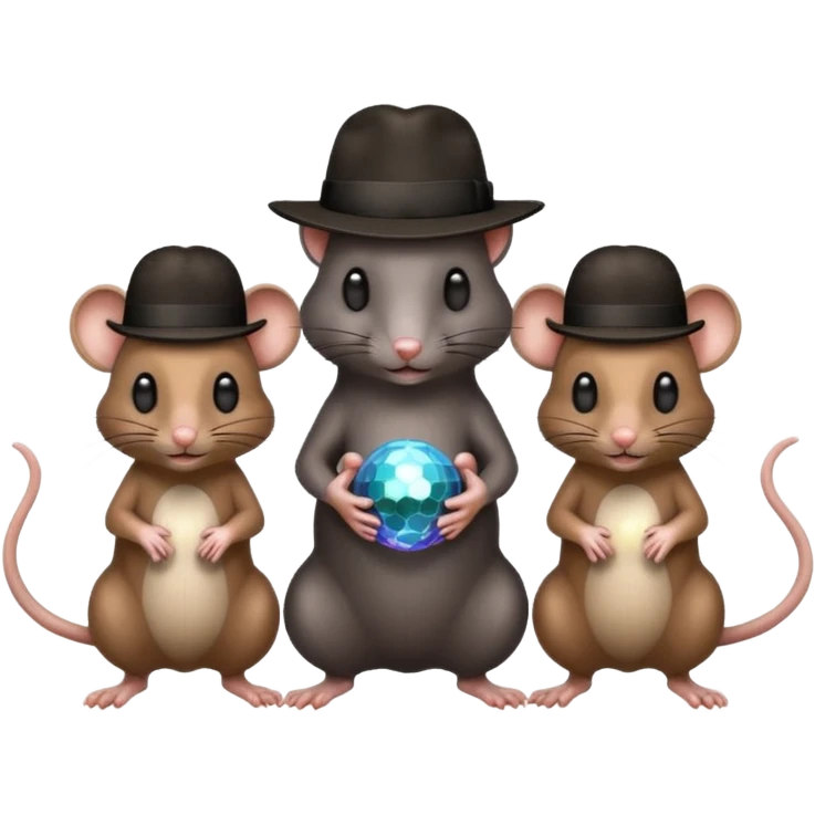A black rat wearing a fedora standing between two brown rats wearing fedoras holding a disco ball emoji