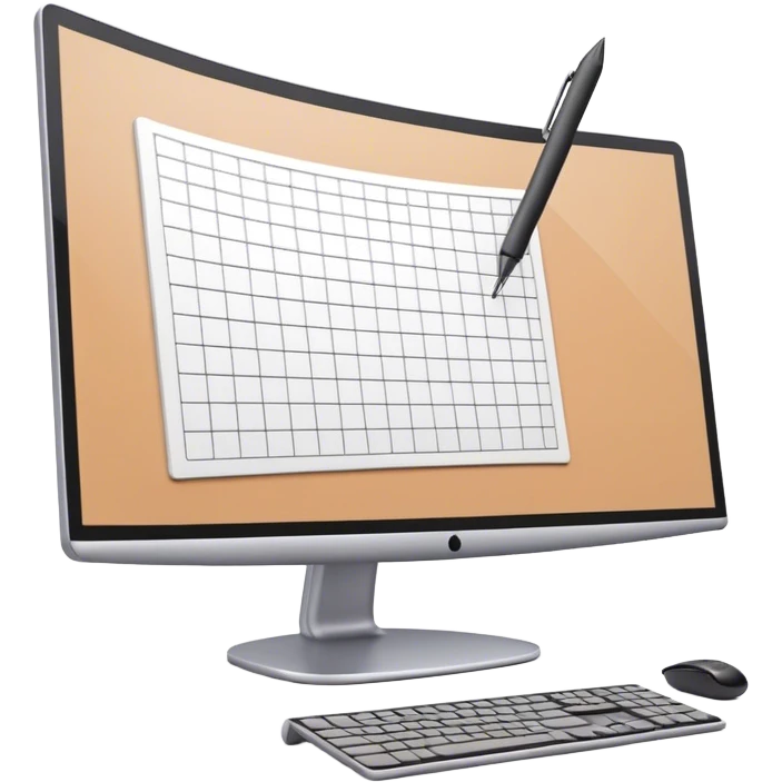 Create an emoji for 3D visualization and modeling. Show a 3D object with grid lines and a modeling tool (e.g., a mouse or stylus) on a big curved monitor. Use modern, professional colors. Do not include any emojis or smiley faces. Make the background transparent. emoji