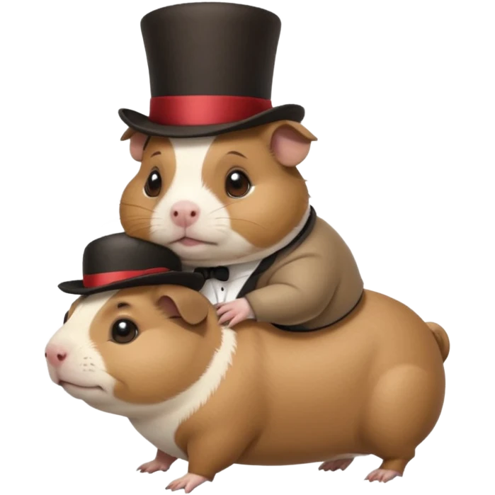 a cute guinea pig wearing a top hat riding on the back of a chubby pug emoji