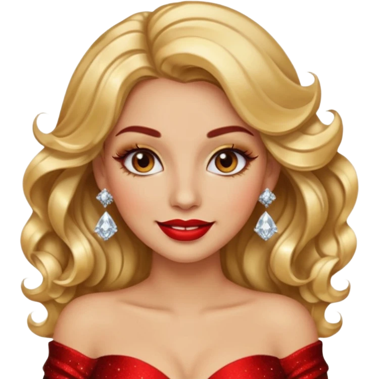 “Emoji girl, glamorous smile, shimmering gold eyeshadow, bold red lips, voluminous waves, dramatic lashes, wearing diamond earrings and gold gown.” emoji