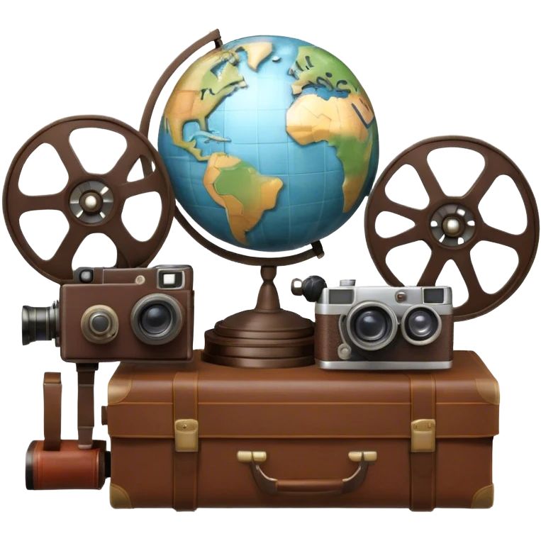 Icon for Documentary Film: A vintage movie poster-style design featuring a film reel, camera, and a globe, symbolizing exploration and learning. Include elements like books, a notebook, and historical or natural icons to represent informative storytelling. Transparent background. emoji