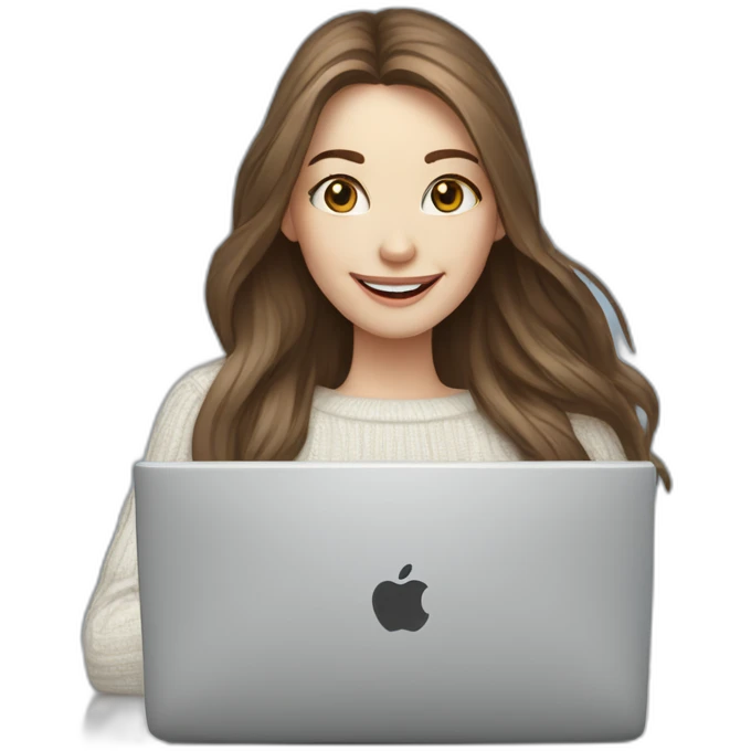 smiling woman pale skin middle brown long straight hair with a laptop with infinity logo and a coffee mug wearing a white woolly shirt having in a snowstorm emoji