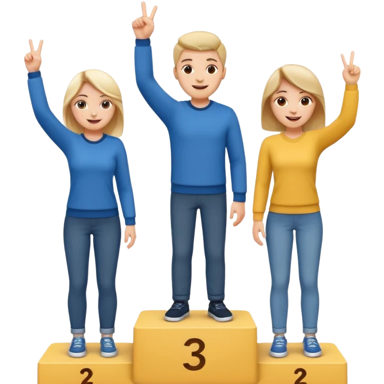 winners podium with three people no label middle step higher, all in relaxed casual clothes, center person raises one finger on each hand, cheerful expressive friendly emoji style emoji