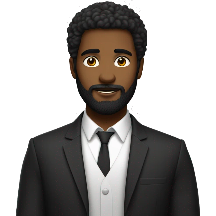 Un jeune homme noir avec une barbe légèrement fournie, des cheveux très courts noirs et un regard confiant emoji