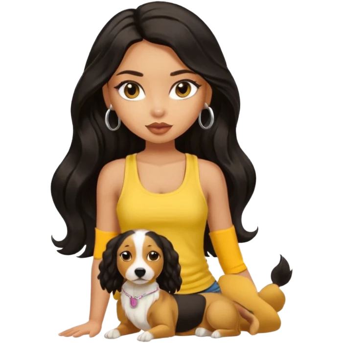 a tan pretty bratz girl with long wavy black hair, wearing a yellow tank top with a dog emoji