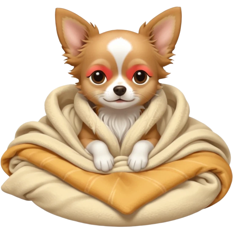 Long haired chihuahua, beige, without white variations on head! Add white on chest and white socks, sleeping cutely under blanket emoji