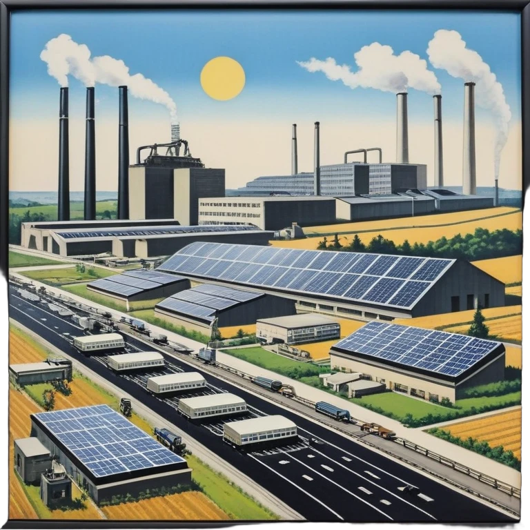 modernization scene in Germany late 1960s to 1970s with modern factories, computers, solar panels, people from industry, science, and society, gears, lightbulb, autobahn, small portraits or silhouettes of Willy Brandt and Helmut Schmidt, optimistic atmosphere emoji