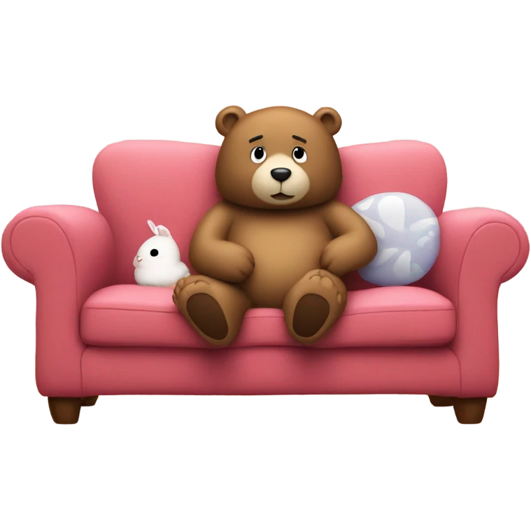 Bear on couch with thought bubble with a bunny inside and hearts emoji