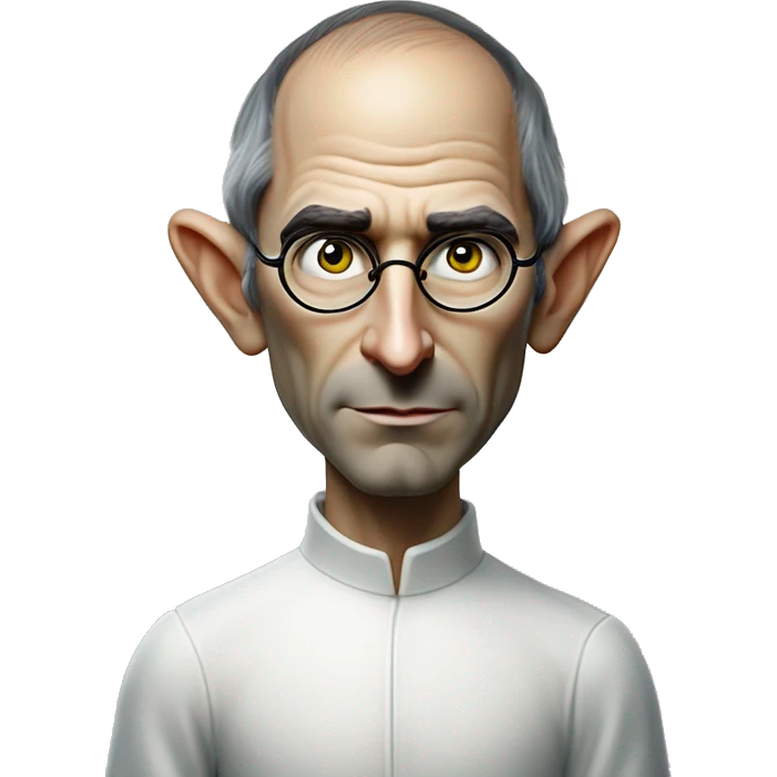 Warcraft elf award winning Steve Jobs in Apple ad style, oil paint, mysterious eyes, intricate lips, masterpiece pose, odd perspective, beautiful, desirable, logical emoji