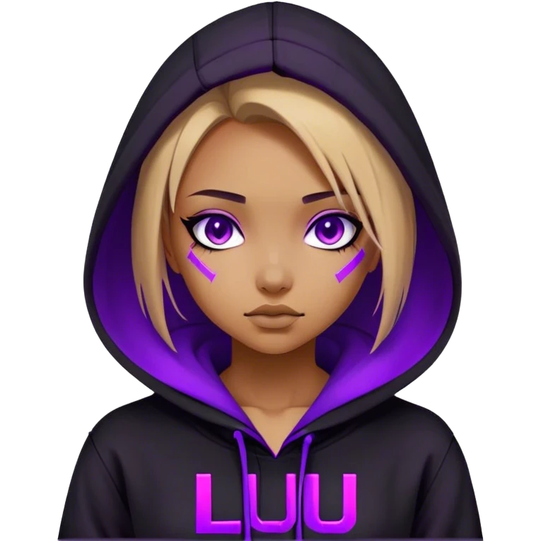 girl wearing black hoody with violet letters "Lu" in the hood without a face. Cyberpunk style. Violet neon. emoji