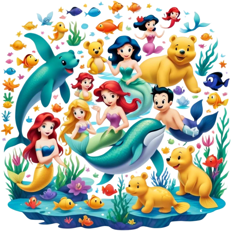 Icon for Animated Characters: A colorful, large-scale collage of beloved cartoon characters, including Franco, Mickey Mouse, Winnie-the-Pooh, Ariel the Little Mermaid, Jasmine and others. Bright and vibrant, full of whimsical charm. Transparent background. emoji