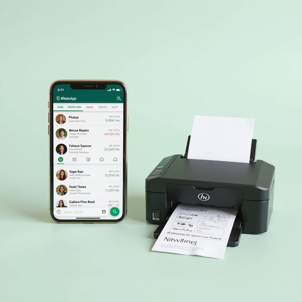 realistic thumbnail for a WhatsApp print out service, showing a smartphone with WhatsApp open displaying a chat with various file types including photos, documents, PDFs being sent, and a printer printing out different types of files, clean background emoji
