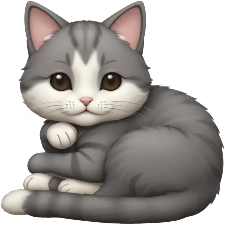 dark grey and white small cat with eyes closed, leaning his head on his paw while leaning on his elbow lying down emoji