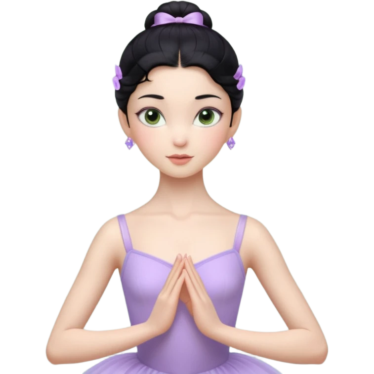 Cinematic Realistic ballerina Light Purple Portrait, depicted with lifelike skin texture, subtle rosy undertones, and soft natural lighting that enhances the gentle contours of her face. Her intricately detailed sweet black hair is elegantly styled, green eyes emoji