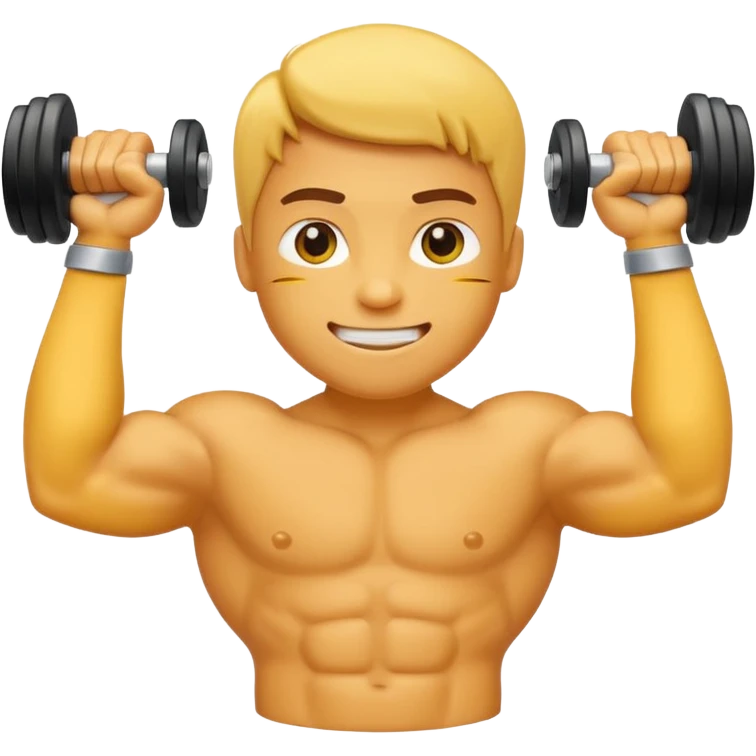 A bold, expressive emoji-style character flexing his bicep while holding a dumbbell in one hand. Bright colors, simple features, rounded edges, and a friendly, energetic look. emoji