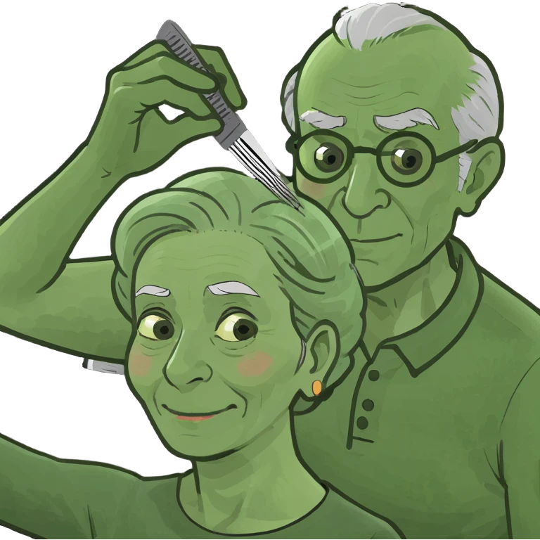 An elderly man combing the hair of an elderly woman sitting on a sofa reading a book emoji