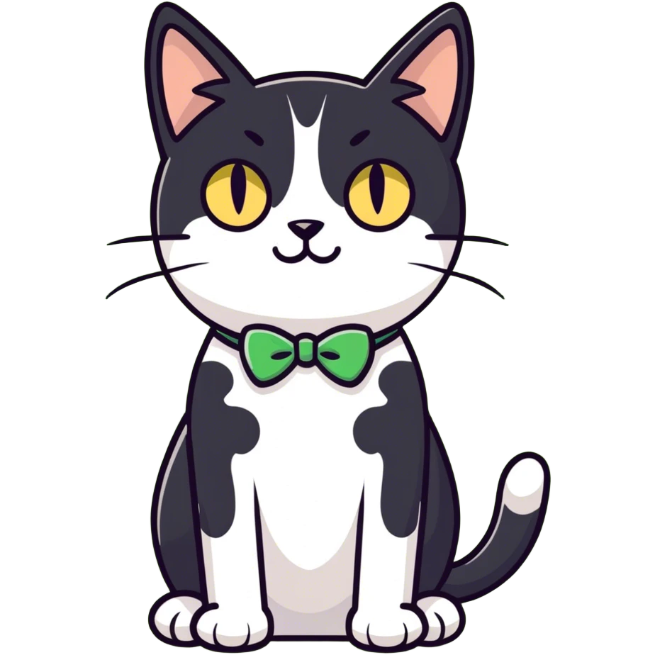Female Tuxedo domestic short hair, more white than black similar to a cow, green/gold eyes emoji