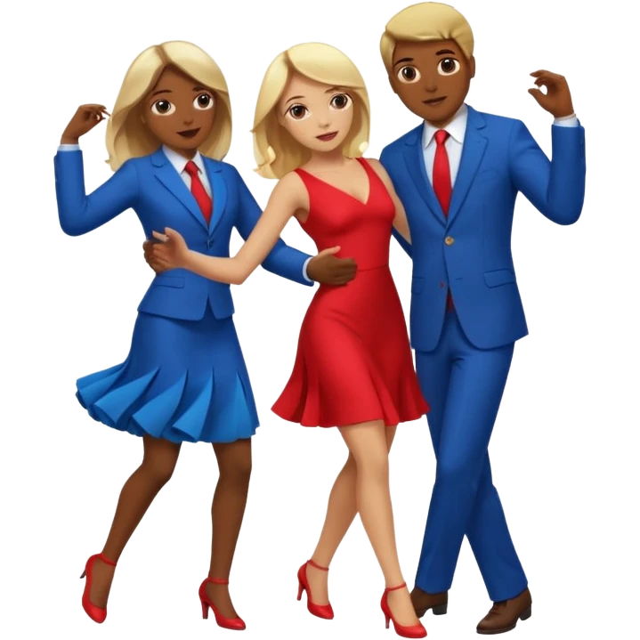 Two people dancing. One wearing red with light skin and blonde hair. One wearing bue with dark skin and brown hair. emoji