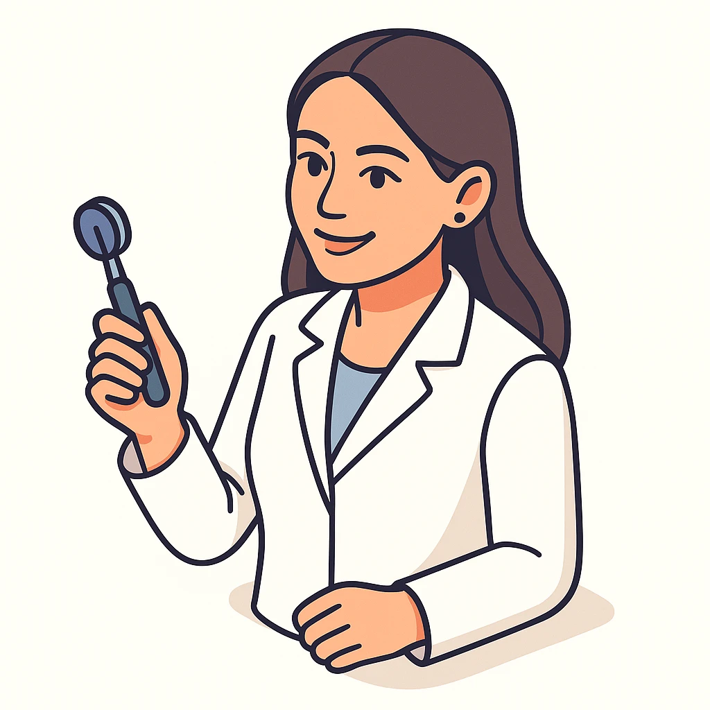 A female doctor with dark long straight hair and detailed brown eyes (not just dots), smiling, wearing a white medical coat, holding a medical instrument, in 2D isometric style with a minimalist background. Provide several variations of pose and facial expression. emoji