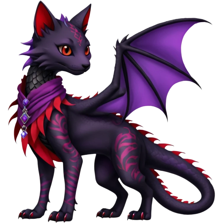 Kawaii feral, four-legged gothic dark badass black, red, purple, beautiful pretty elegant divine edgy feline-vernid-sergal-Haku-dragon-fursona-animal-creature, full body, with intricate detailed markings, silken shawl emoji