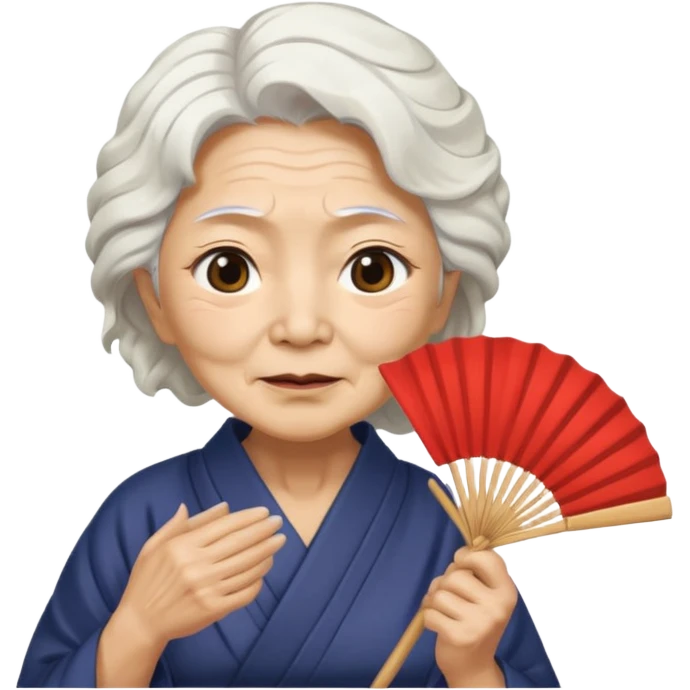 japanese culture old woman with white wavy hair and wrinkles holds a fan to cover her face emoji