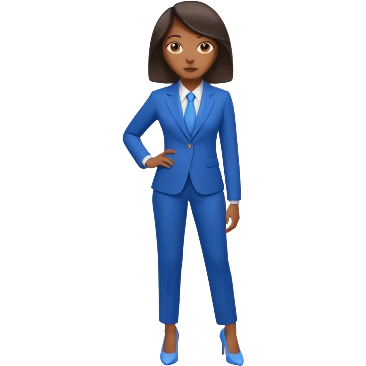 black woman in a blue smart suit and shoes, standing with hands by her side, neutral expression emoji
