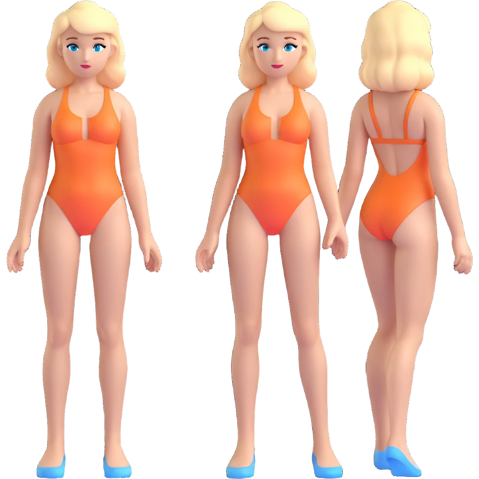 a woman wearing a swimsuit, blonde hair, blue eyes, full body emoji