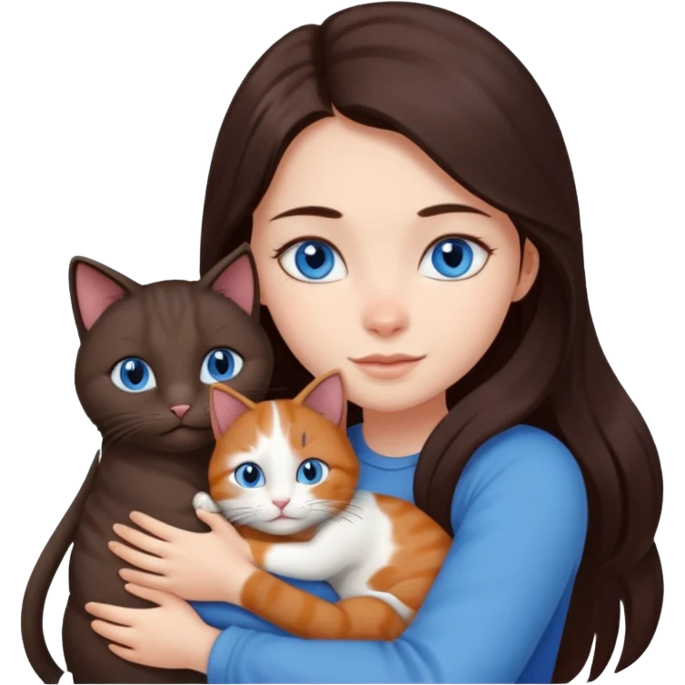 a girl with long dark 
brown hair, with blue eyes, hugs 3 different natural coloured cats emoji