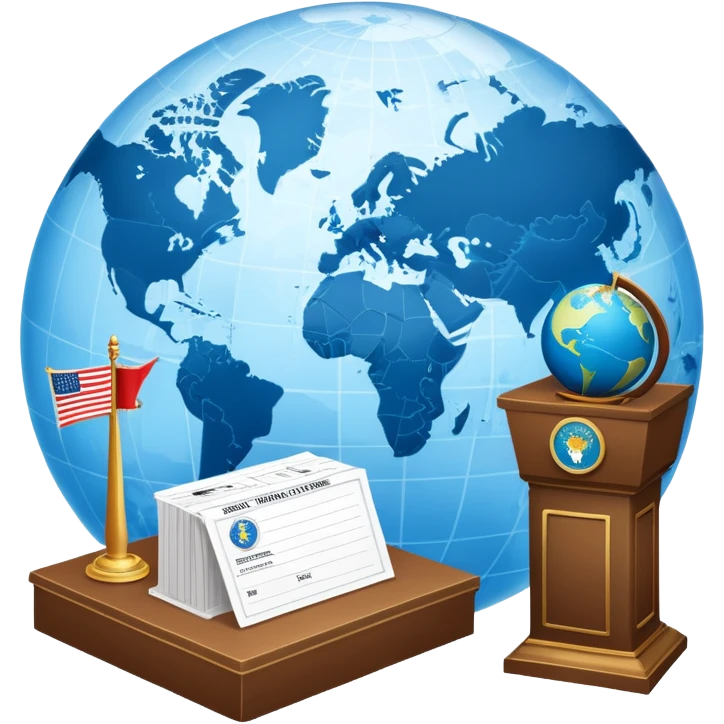 An icon featuring a podium with a speaker, a ballot box with a voting slip, and a globe, symbolizing political science. The design includes scales of justice and a world map in the background, representing governance and global politics. Transparent background highlights political analysis. emoji