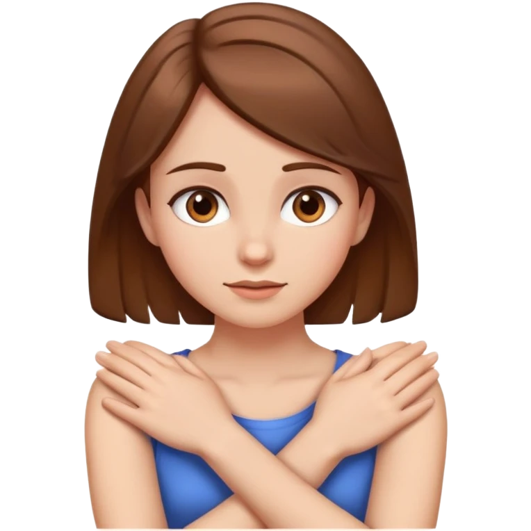 A girl with brown hair arms crossed and hands grabbing neck emoji