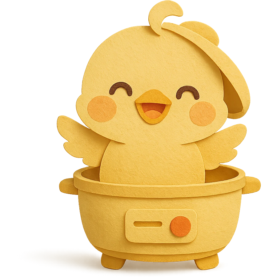 chibi egg cooker chick popping out of the lid, smiling brightly, soft yellow tones, full-body emoji