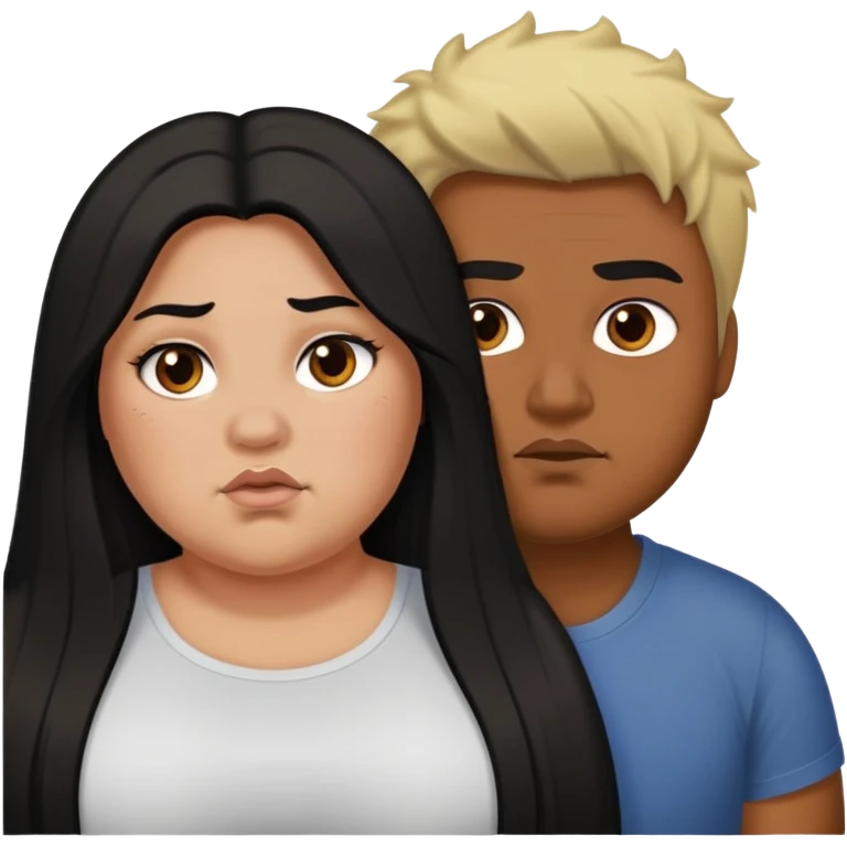 Girl with long black hair who's fat is trying to take a guy with brown are and blond frosted tips in it and he's giving her a dirty look emoji