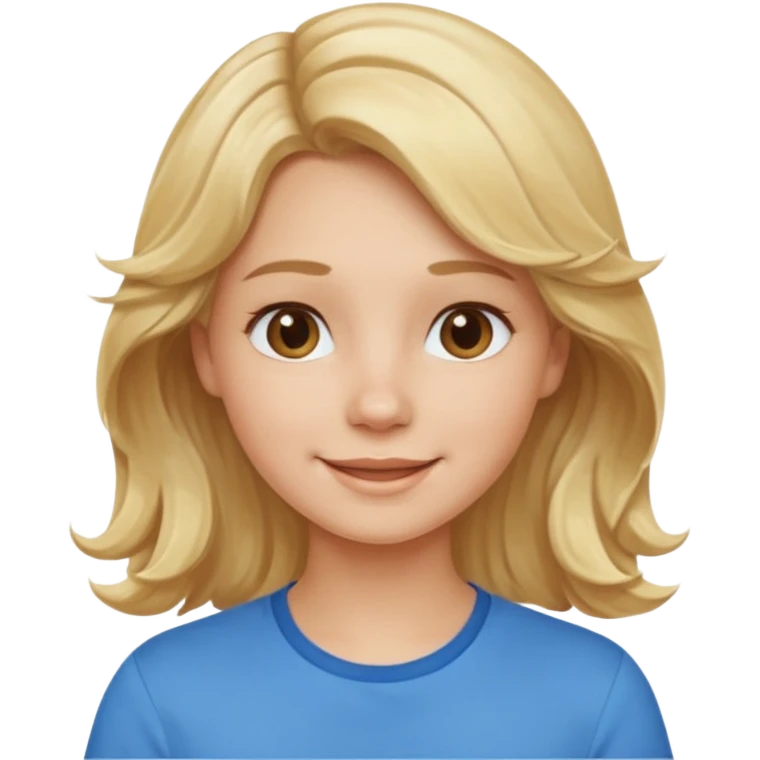 Happy blond girl with light weavy hair with a blue shirt but we can see only her face and neck and the top of the t shirt, no whole body emoji