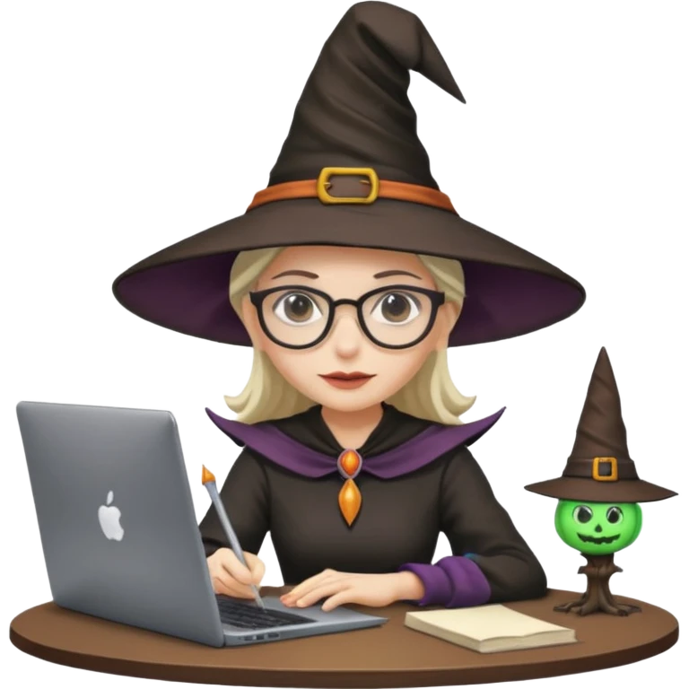 A female video editor wearing glasses, dressed like a witch with a pointed hat, sitting at a laptop editing a video, cinematic lighting, cozy creative studio, professional look, high quality, realistic emoji