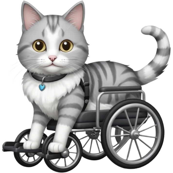 disabled grey and white cat using cat wheelchair emoji