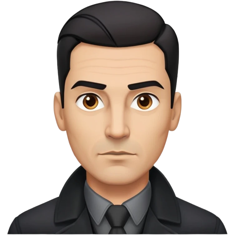 Athletic Hispanic man in his 40s-50s with light brown skin, short straight black hair slicked back with fade on sides, square face with strong jawline, thick eyebrows, wide nose, wearing black overcoat with gray buttoned shirt underneath emoji