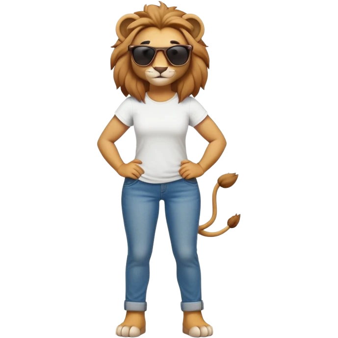 friendly anthropomorphised female lion character, full body, standing confidently with legs shoulder width apart and arms folded, wearing jeans, a white t-shirt, and dark sunglasses, with a confident smile emoji