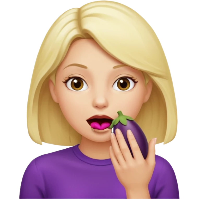 Blonde women stuffing her mouth using her hand with an eggplant emoji