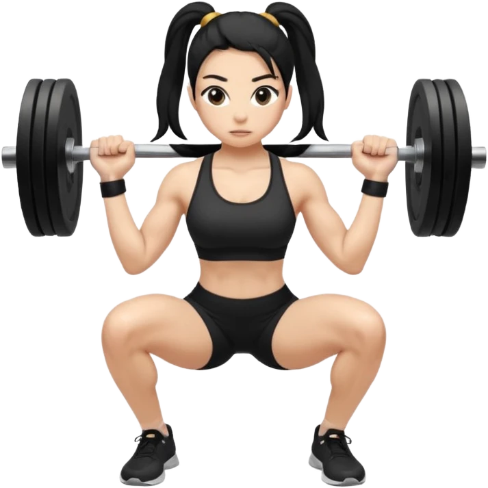 Women with long black ponytail doing a squat with no weights emoji