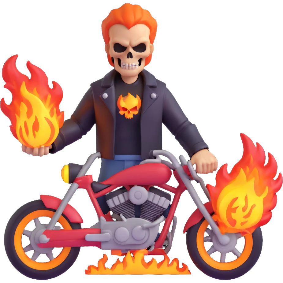 Ghost Rider holding a fiery chain, menacing stance, 3D style emoji