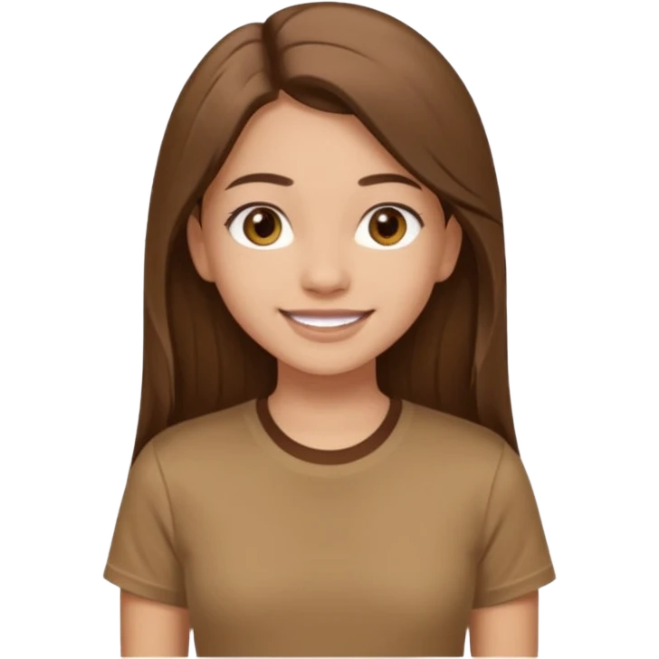 Waist-up girl standing straight on white background. Wearing a brown Skims t-shirt. Very long straight brown hair with a middle part. Brown eyes with long lashes. Smiling with braces. emoji
